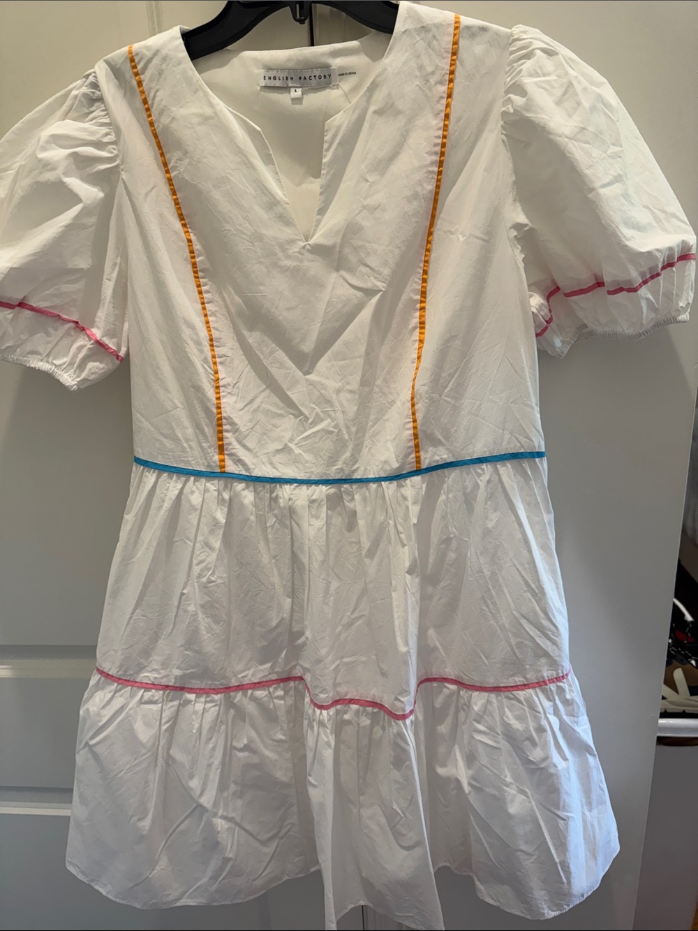 English Factory White Dress with Pink, Orange & Blue Trim